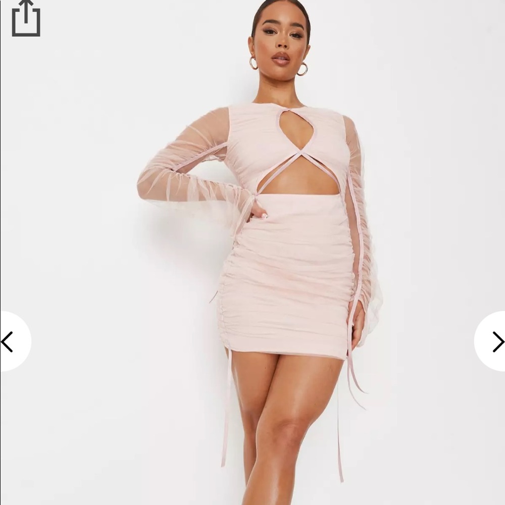 blush mesh ruched cut out mini dress